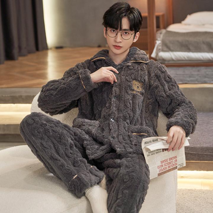 秋冬季新款珊瑚绒睡衣男士大码长袖套装加厚加绒法兰绒家居服冬天