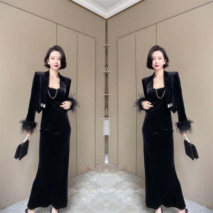 炸街网红爆款两件套2023秋季新款毛边袖子短外套吊带连衣裙套装裙