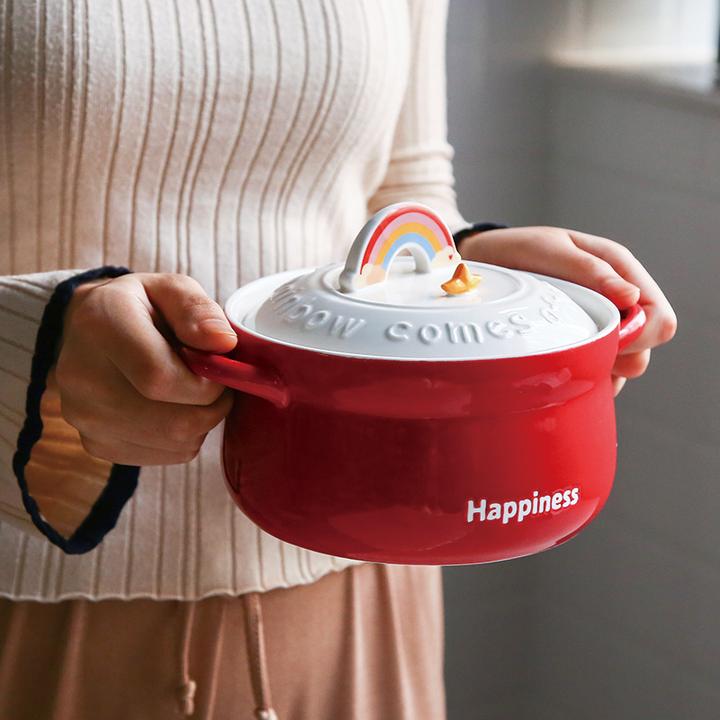 彩虹高颜值卡通可爱陶瓷泡面碗带手机支架双耳碗方便面碗带盖家用