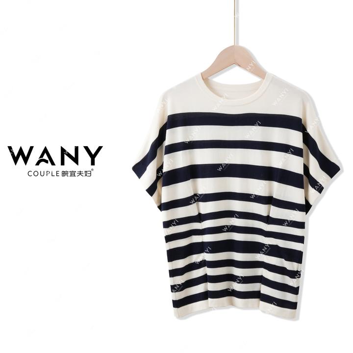 圆领条纹5分袖夏季新品落肩袖捏褶设计针织短袖