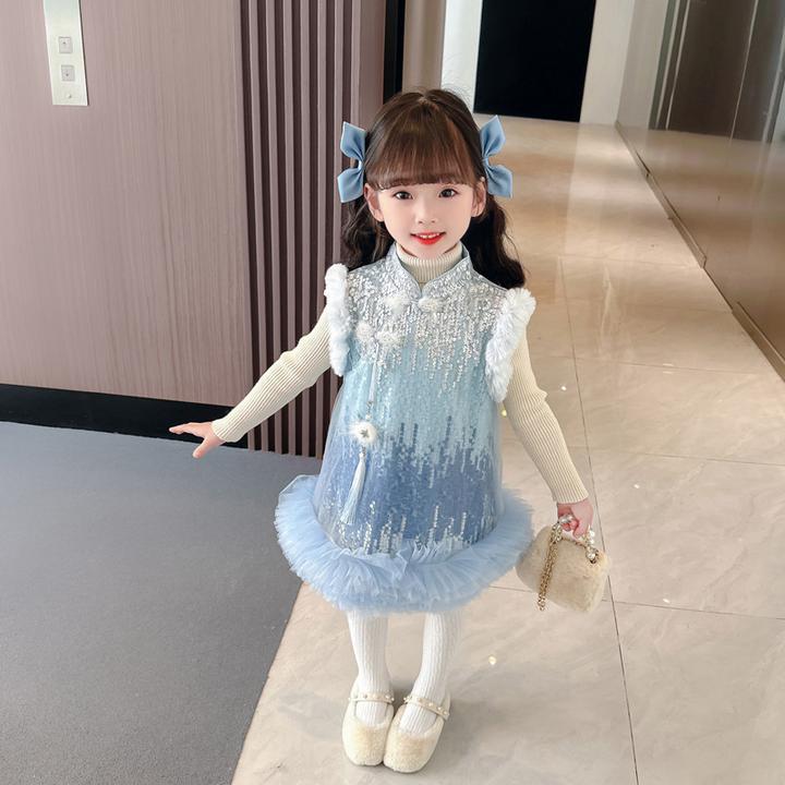 女童秋装背心裙2024秋冬新款女孩洋气时尚加绒加厚公主亮片旗袍裙