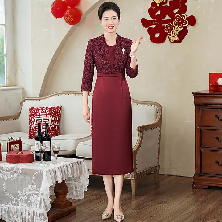 喜婆婆气质婚宴装礼服高端假两件套装秋款妈妈洋气连衣裙大码4XL