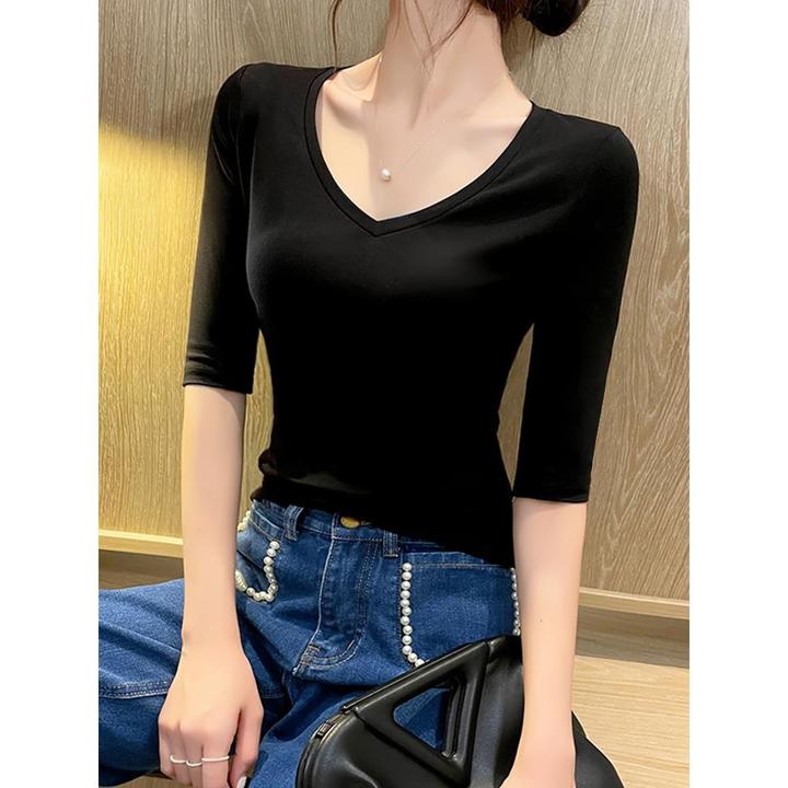 黑色v领中袖t恤女2024年新款夏季棉五分袖紧身半袖打底衫上衣潮