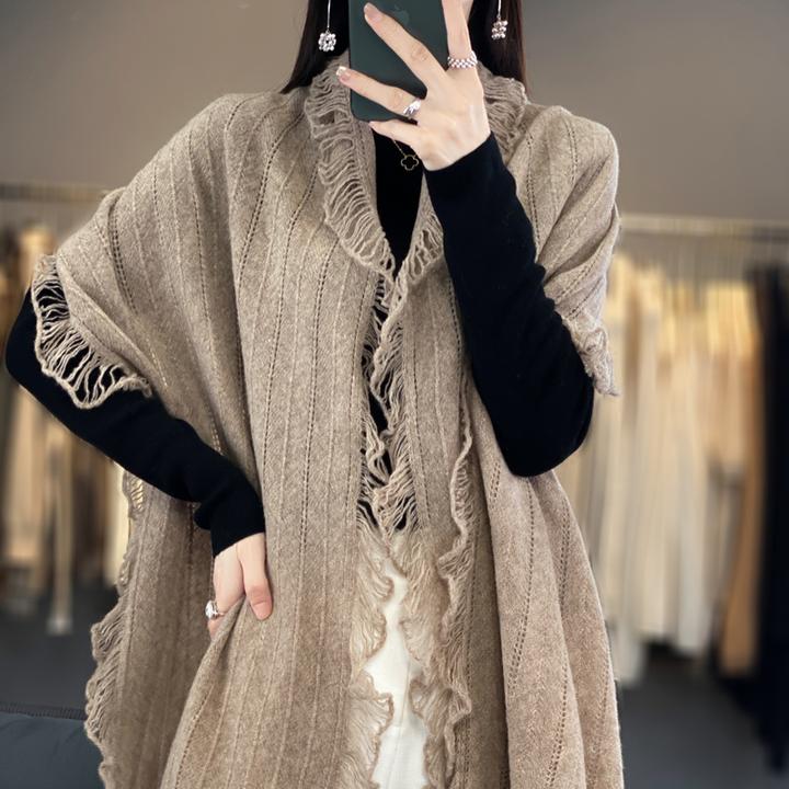 100%纯羊毛披肩女重工流苏边围巾外搭长款慵懒风多功能保暖围脖