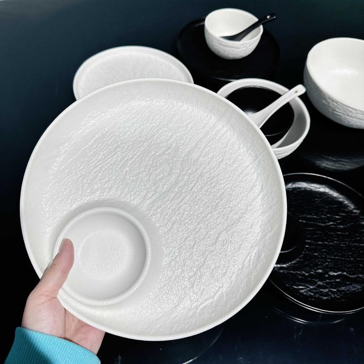 大号陶瓷饺子盘吃饺子专用盘家用虾盘带醋碟简约石纹盘子装菜盘子