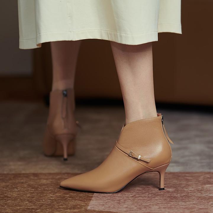 6.5公分里外全皮短靴简约时尚秋冬尖头细跟裸靴小短靴洋气又高级