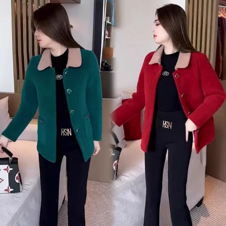 时尚水貂绒外套女秋冬2024新款百搭皮毛一体中国红小个子毛呢上衣