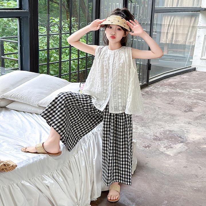 女童夏季套装2025新款洋气女孩无袖提花衬衣儿童夏装娃娃衫阔腿裤