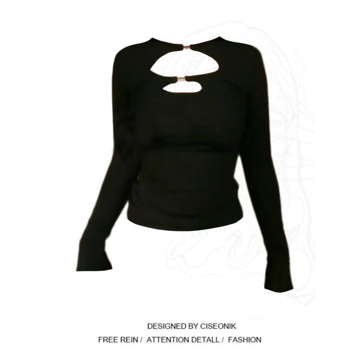 YIDENG氛围感金属扣镂空长袖T恤女早春美式修身显瘦打底上衣