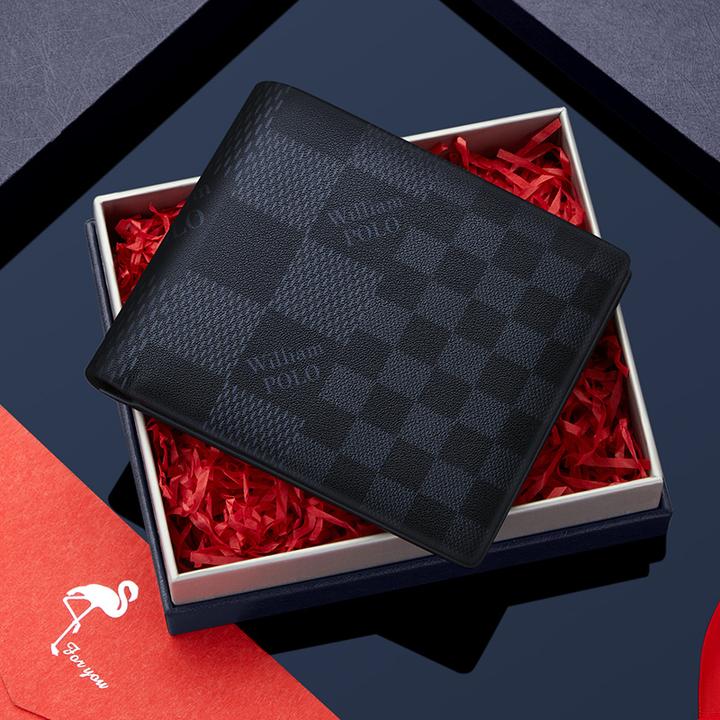 保罗男士真皮钱包时尚格纹字母头层牛皮短款长薄款钱夹防盗刷卡包