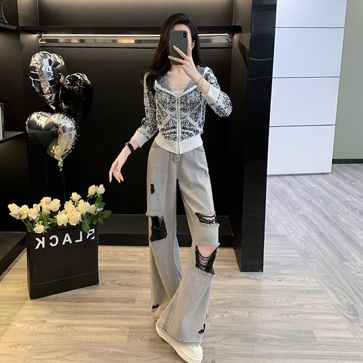 炸街港风时尚套装女秋季洋气高级感连帽外套破洞牛仔阔腿裤两件套