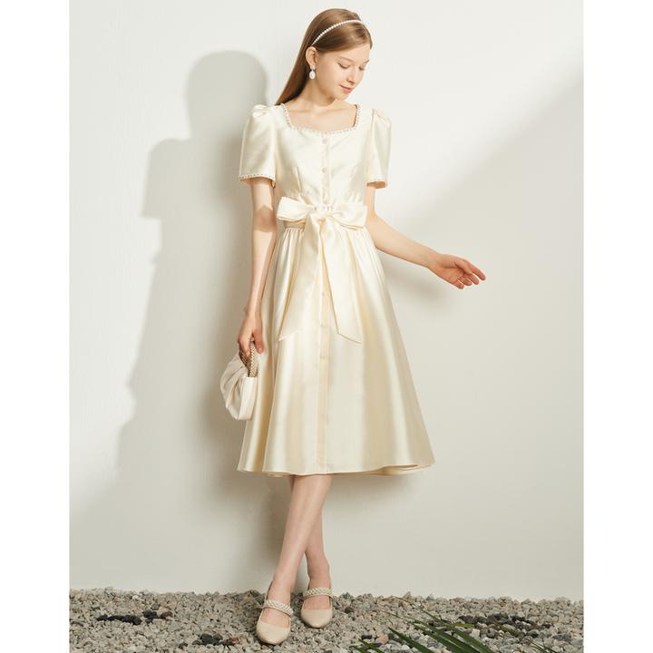 ANMANI恩曼琳春季新款钻链装饰方领缎面礼服收腰连衣裙EANDAL10