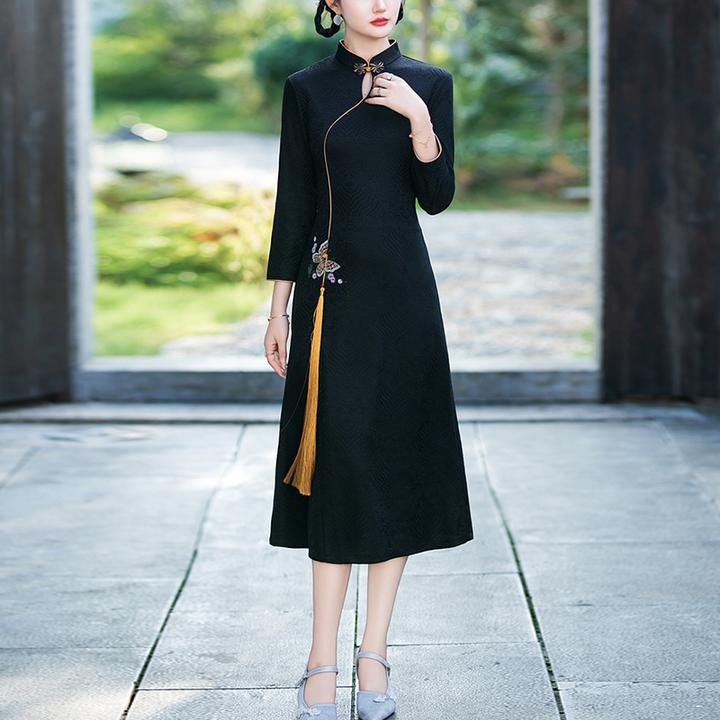 高档长袖连衣裙2024新款女春秋款高贵洋气新中式黑色改良旗袍早秋