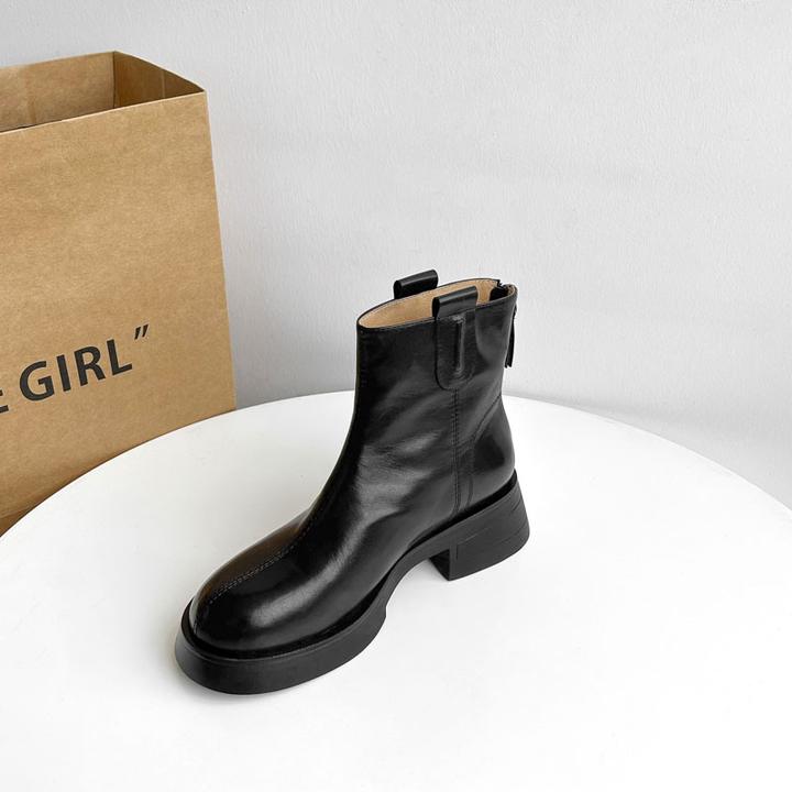 5cm/牛皮厚底短靴女秋冬真皮百搭单靴粗跟马丁靴短筒圆头