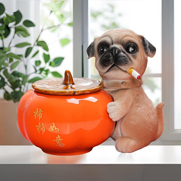 新款爆款旺财狗抱柿柿如意烟灰缸带盖防飞灰家用客厅办公桌装饰品