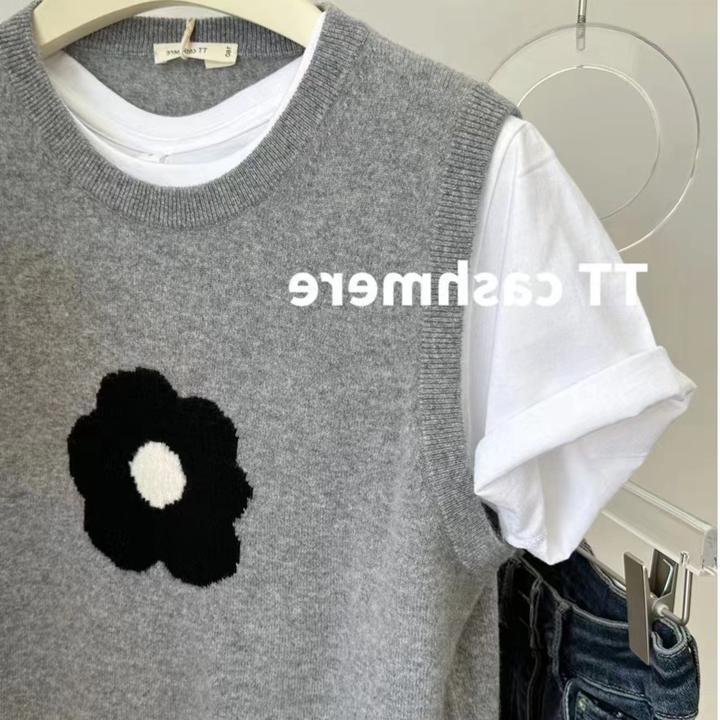 早秋时尚新款无袖灰色100%羊毛马甲女设计感花朵叠穿毛衣百搭背心