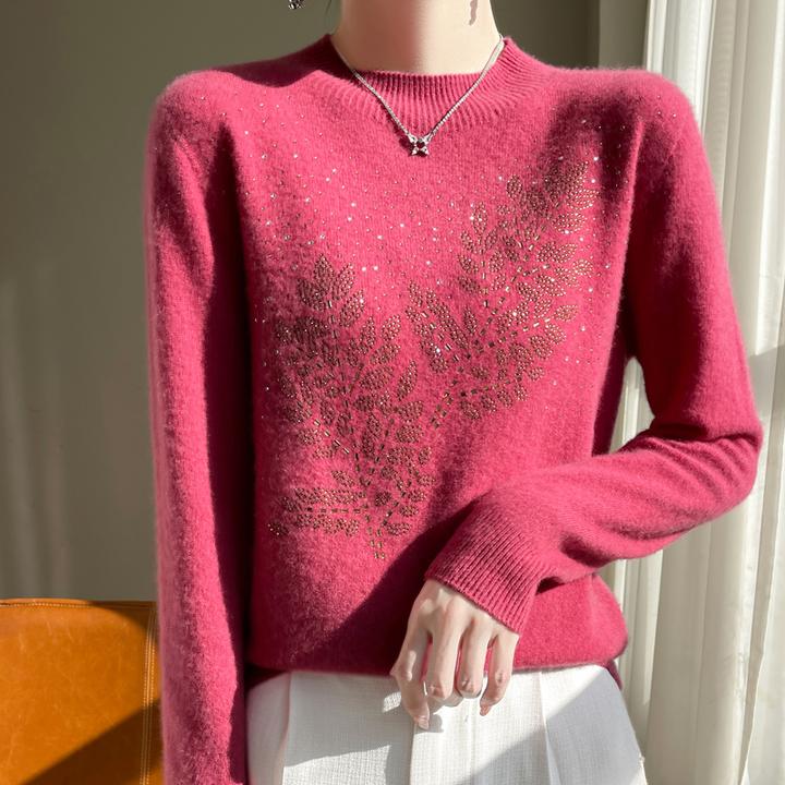秋冬新款柔软舒适100%纯毛一线成衣树枝烫钻高级风羊毛衫女