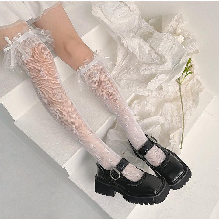 春夏薄款日系甜美镂空白色小腿袜女黑色透肉蕾丝花边中筒袜子爆款
