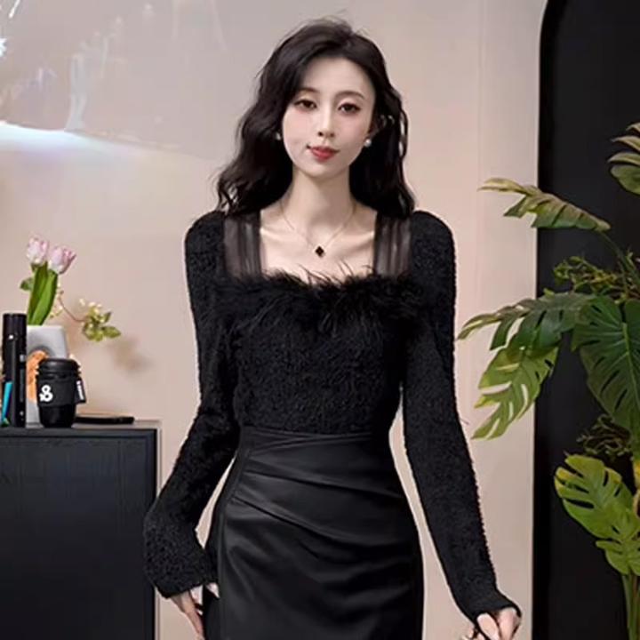 毛绒方领打底衫女内搭可外穿春秋冬法式掐腰露锁骨泡泡袖网纱上衣