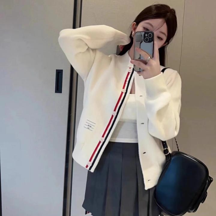 设计感双袖撞色条纹立领针织开衫女气质设计感慵懒风毛衣上衣外套