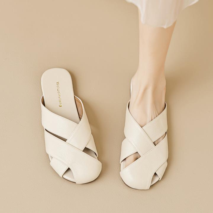 大码百搭半拖鞋女夏季法式时尚软底平底复古防滑镂空方头厚底网红