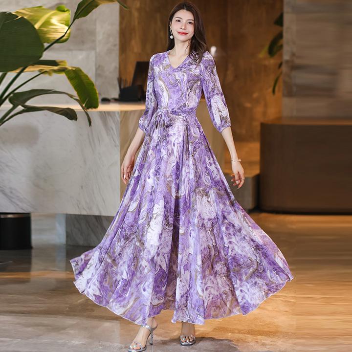 香衣丽华09243七分袖V领数码印花大摆过膝连衣裙修身显瘦气质长裙