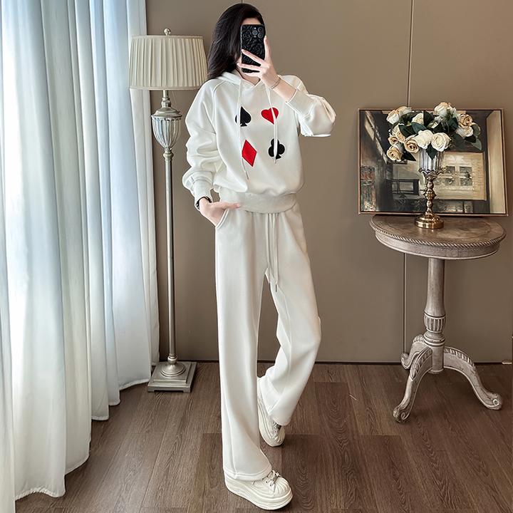 白色运动休闲套装女春秋2025新款宽松洋气减龄显瘦卫衣卫裤两件套