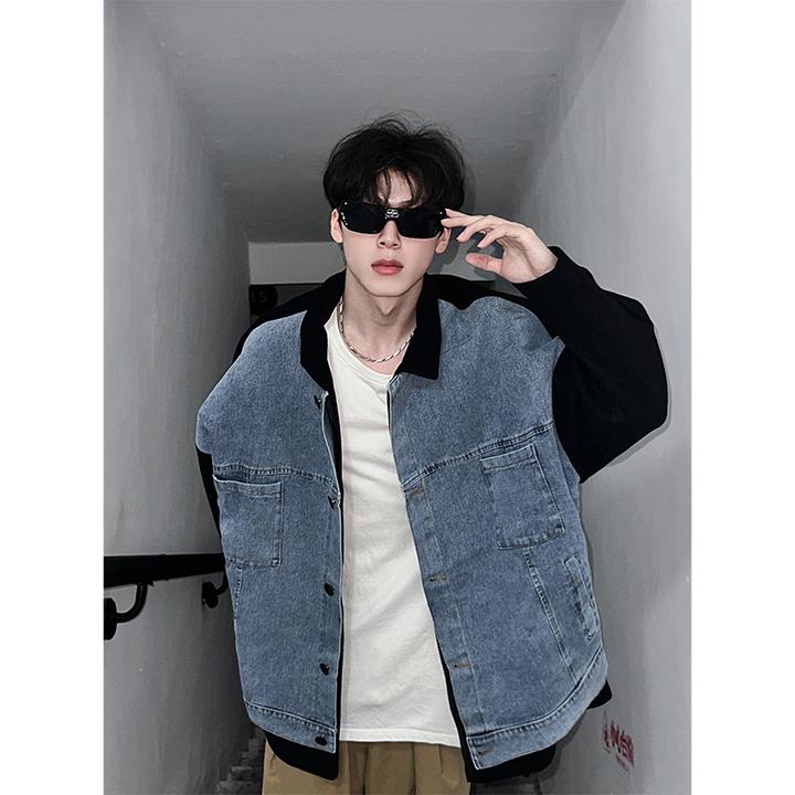 假两件牛仔拼接外套男春秋季短款港风潮牌痞帅高级感呢子夹克褂子