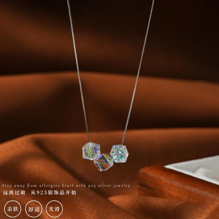 丽沁 链子925银玻璃 甜美炫彩方糖项链女小众ins风颈链简约锁骨链