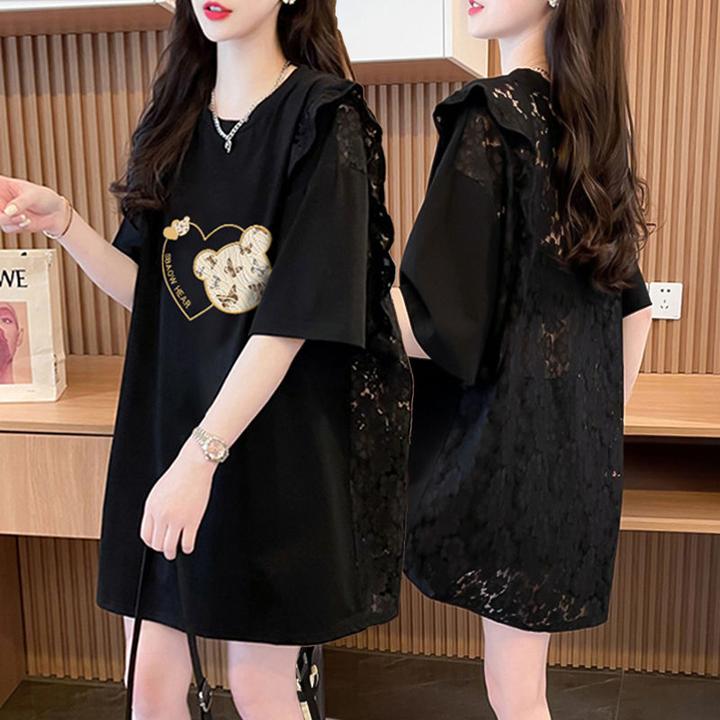 胖mm大码纯棉蕾丝镂空短袖T恤女夏季2025新款韩版中长款显瘦上衣