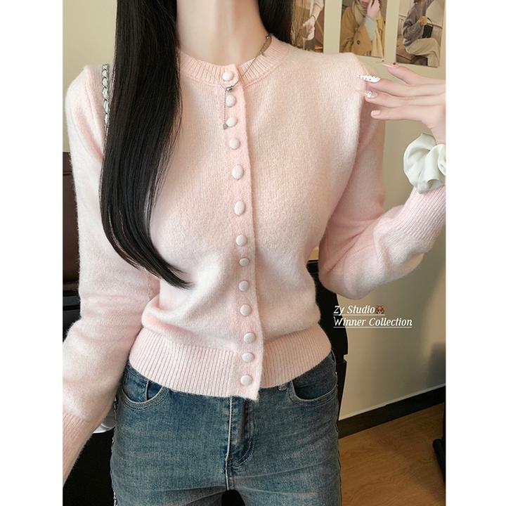 2025秋冬新款韩系小众设计纯欲风修身粉色毛衣针织开衫外套上衣女