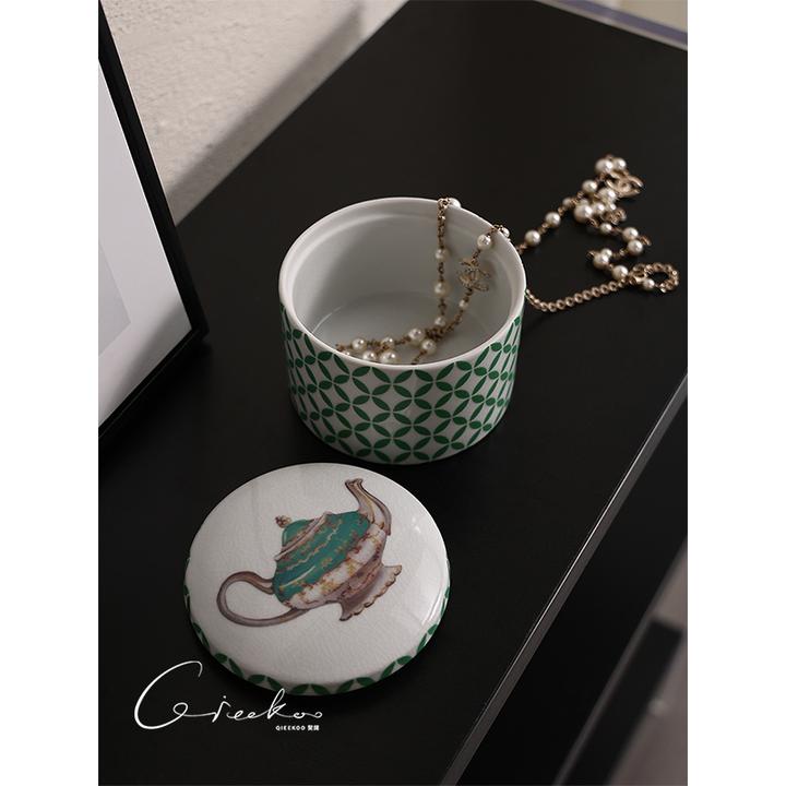 契阔家居发财coin绿色彩瓷陶瓷盖盒首饰盒收纳盒客厅摆件家居饰品