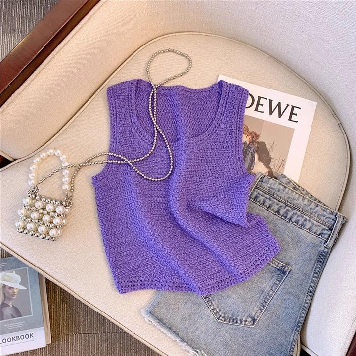 紫色小香风无袖内搭针织背心女夏季可外穿设计感小众修身显瘦上衣