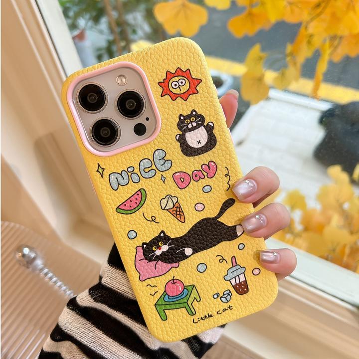 新猫咪日常适用苹果16Promax手机壳荔枝纹iphone15可爱少女款1413