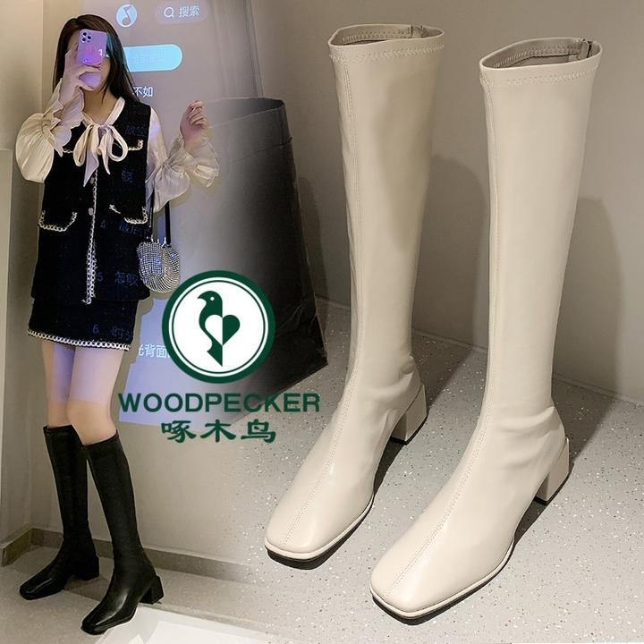 woodpecker/啄木鸟方跟长筒靴女2025春季新款小个子粗跟骑士靴