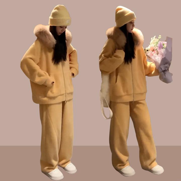 2024秋冬韩版时尚加绒加厚毛领连帽外套女休闲毛绒休闲裤两件套装