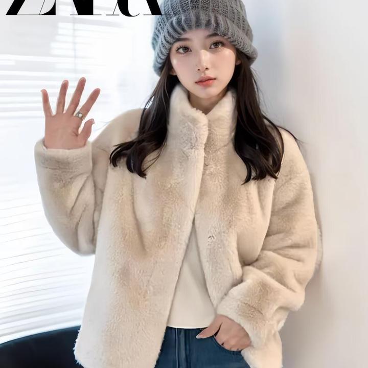 2024立领加厚环保新款皮毛一体外套女冬季毛毛外套短款上衣慵懒风