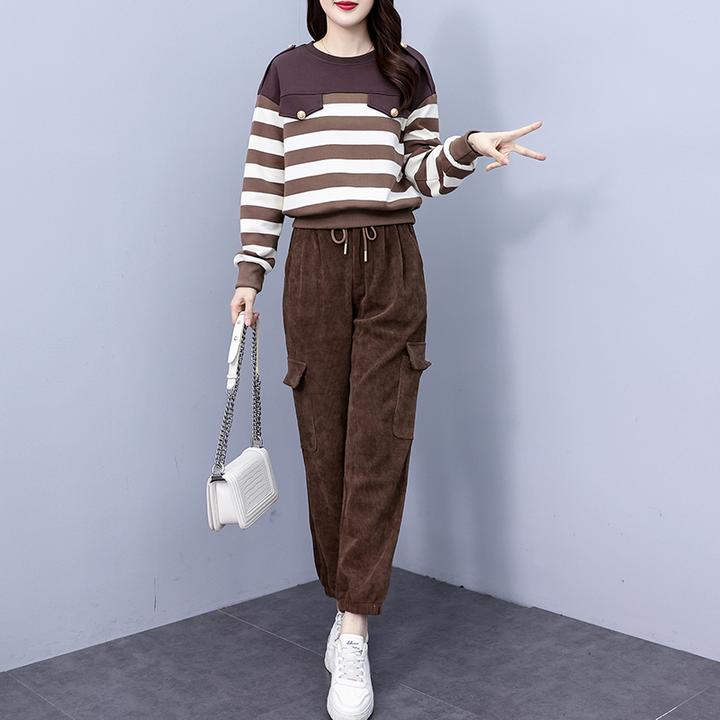 春秋款女装卫衣灯芯绒裤套装秋装女款2024年新款大码休闲两件套女