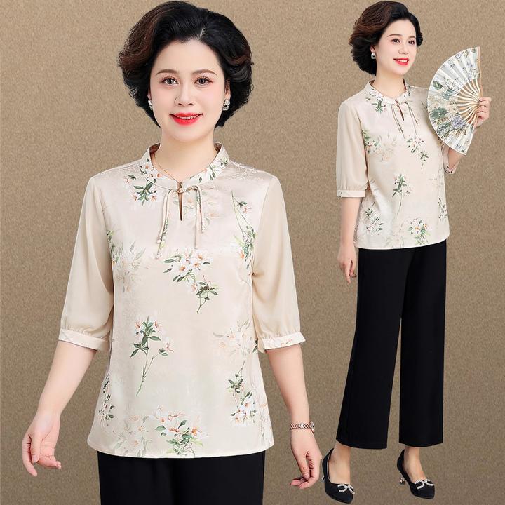 新中式妈妈装夏季七分袖上衣洋气套装2024新款中老年女春夏两件套