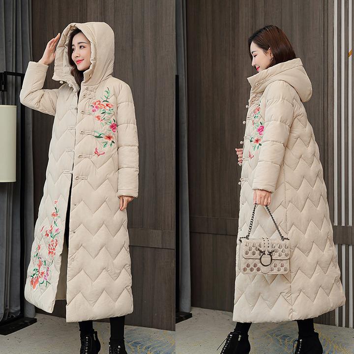 带拉链民族风冬棉服中长款过膝刺绣花中老年女装妈妈装棉衣女