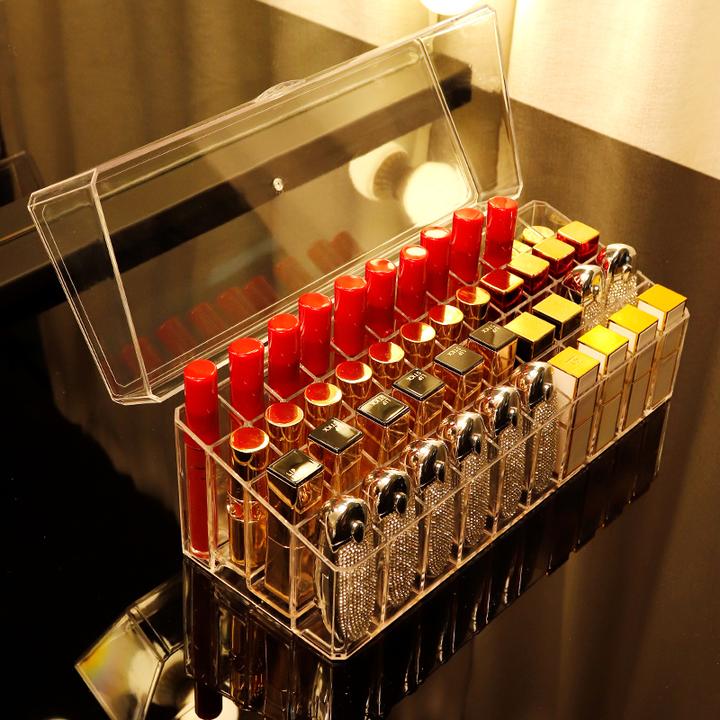 网红口红收纳盒带盖防尘桌面唇釉不倒多格化妆品口红架口红收纳盒