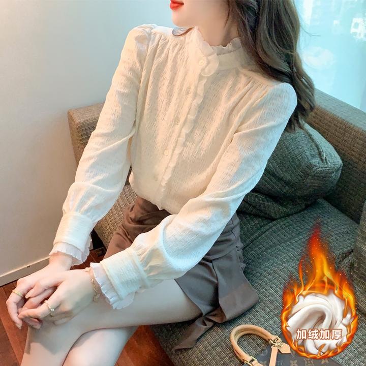 加绒立领荷叶边白色雪纺衬衫女装春秋装2024秋冬新款上衣气质内搭