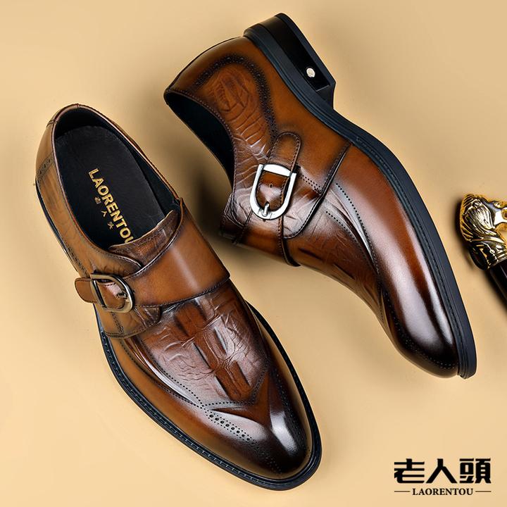 老人头高端轻奢男士商务正装皮鞋真皮透气套脚结婚伴郎英伦风皮鞋