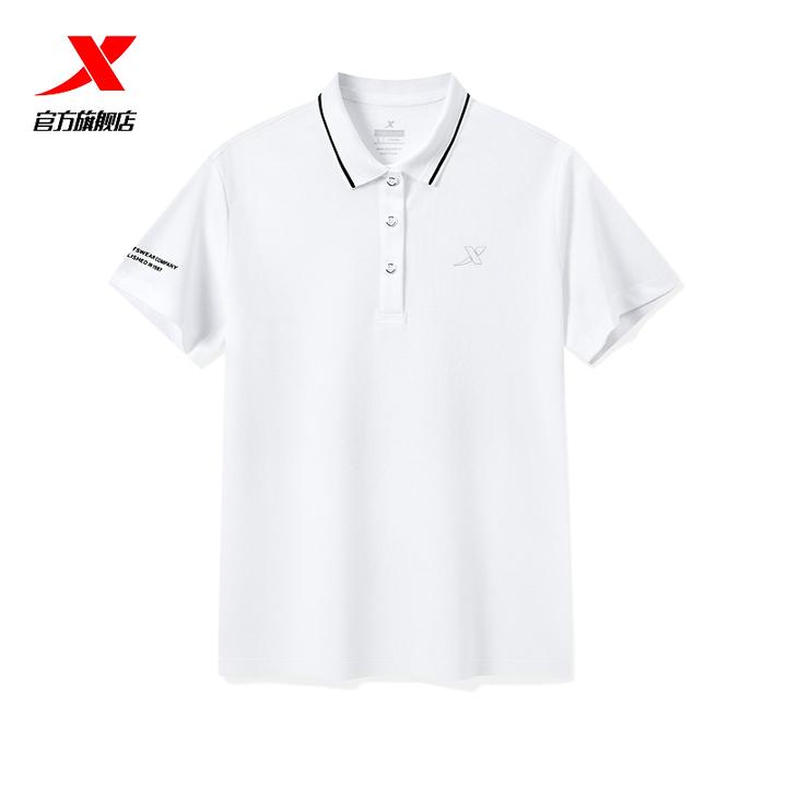 特步短袖女款2024白色款运动时尚透气休闲户外半袖翻领女子POLO衫