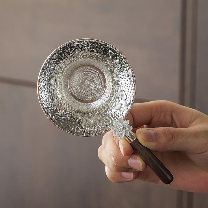 高档锦鲤茶漏过滤器高端纯手工锤纹茶道配件黑檀木把手网红过滤网