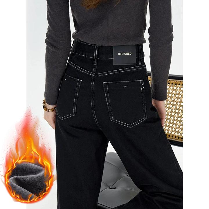 美思源黑金色加绒牛仔裤女爆款2024年秋冬季新款高腰加厚阔腿直筒