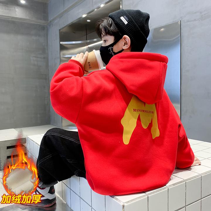 男童年服卫衣冬装2024新款加绒加厚连帽儿童套头打底衫洋气上衣潮