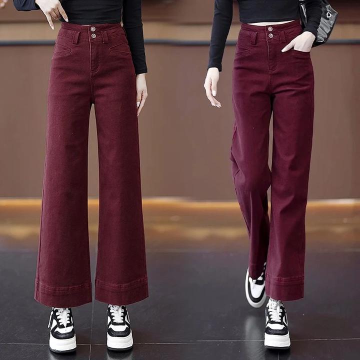 安可拉红窄版牛仔阔腿裤女秋冬新款小个子休闲裤子高腰宽松直筒裤