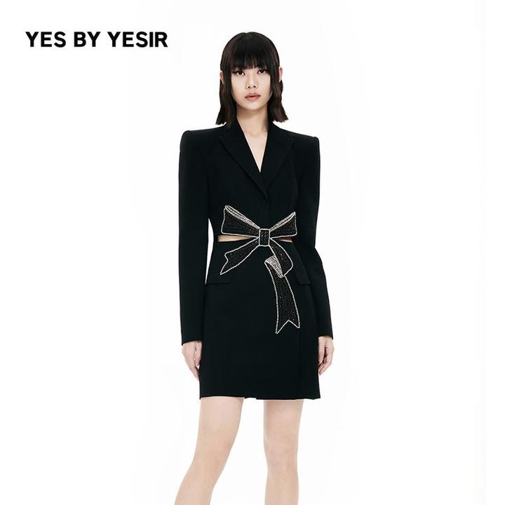YES BY YESIR何洁同款叶谦原创设计师重工蝴蝶结马甲修身连衣裙