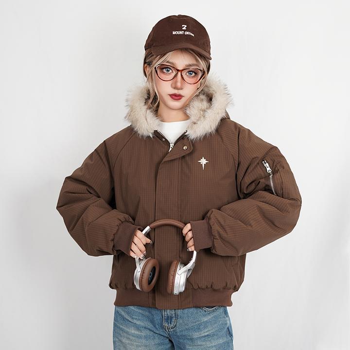 PEEKABOO 冬季加绒加厚毛领连帽纯色保暖棉袄宽松情侣棉服外套